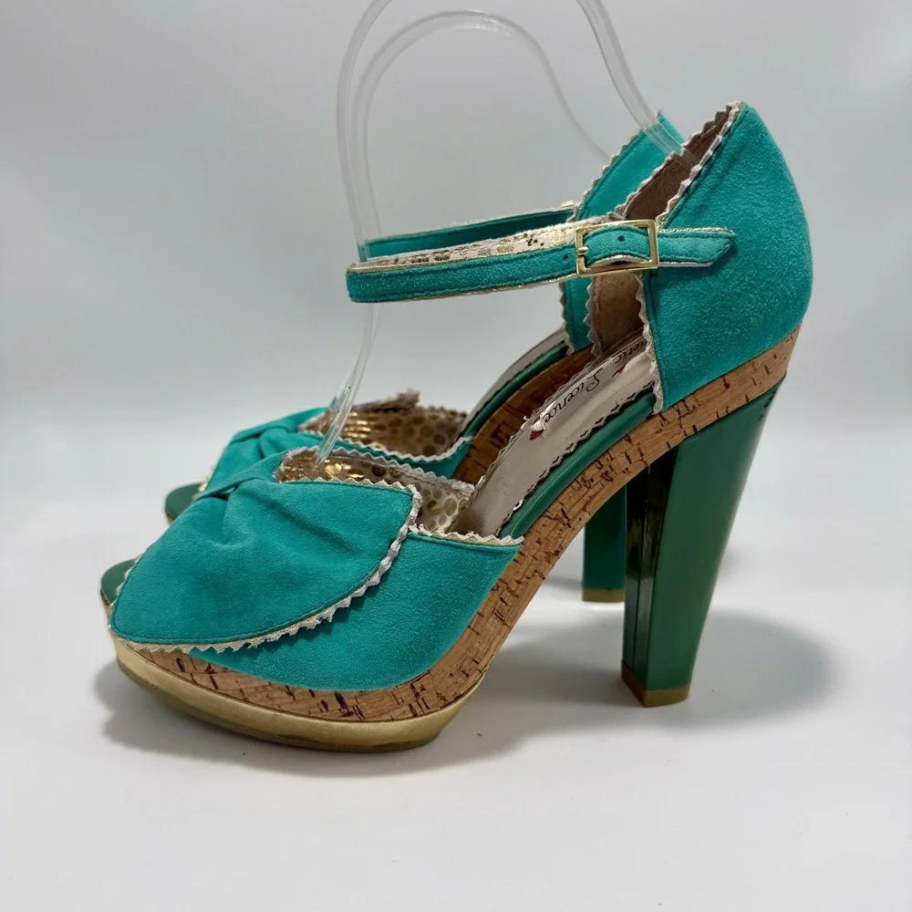 Poetic License Date Night Teal Gold Trim Stiletto Platform Heels Peep Toe 8.5M